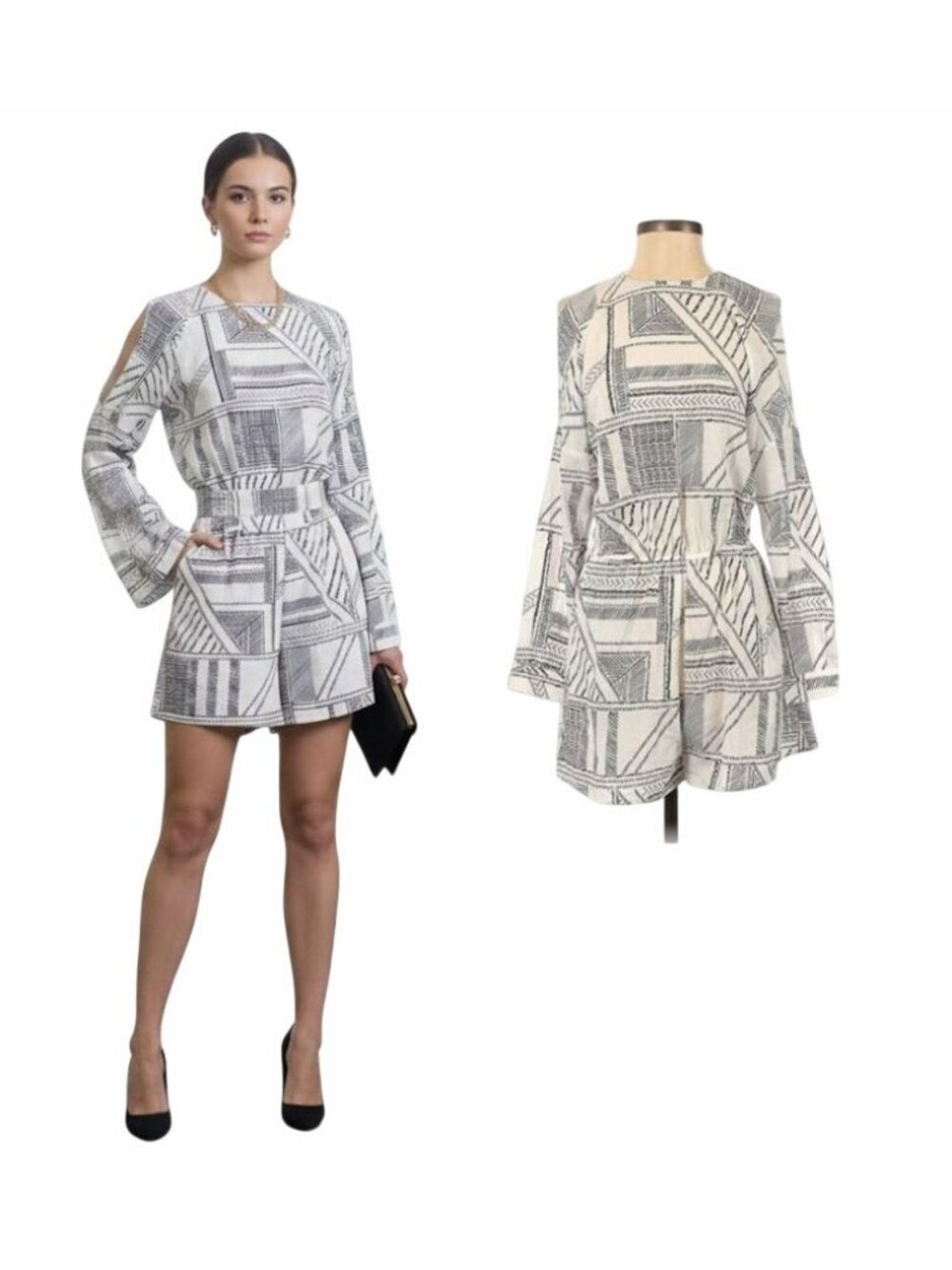 βWomen Romper S Long Sleeve Jumpsuit White Black Patchwork Print Black White New